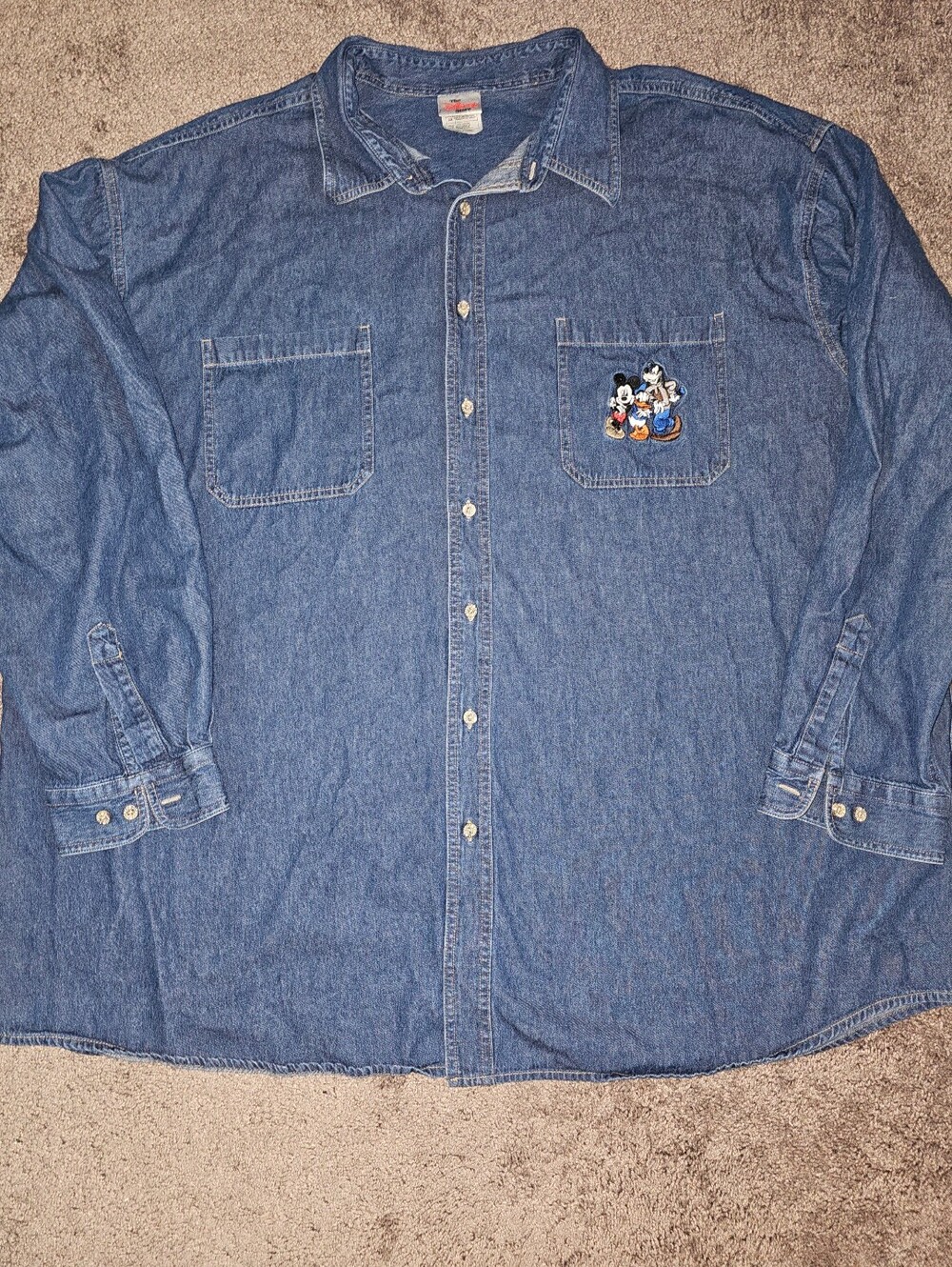 Vtg Disney Store Mickey Mouse Friends Embroidered Blue Jean Button Down Shirt 3X